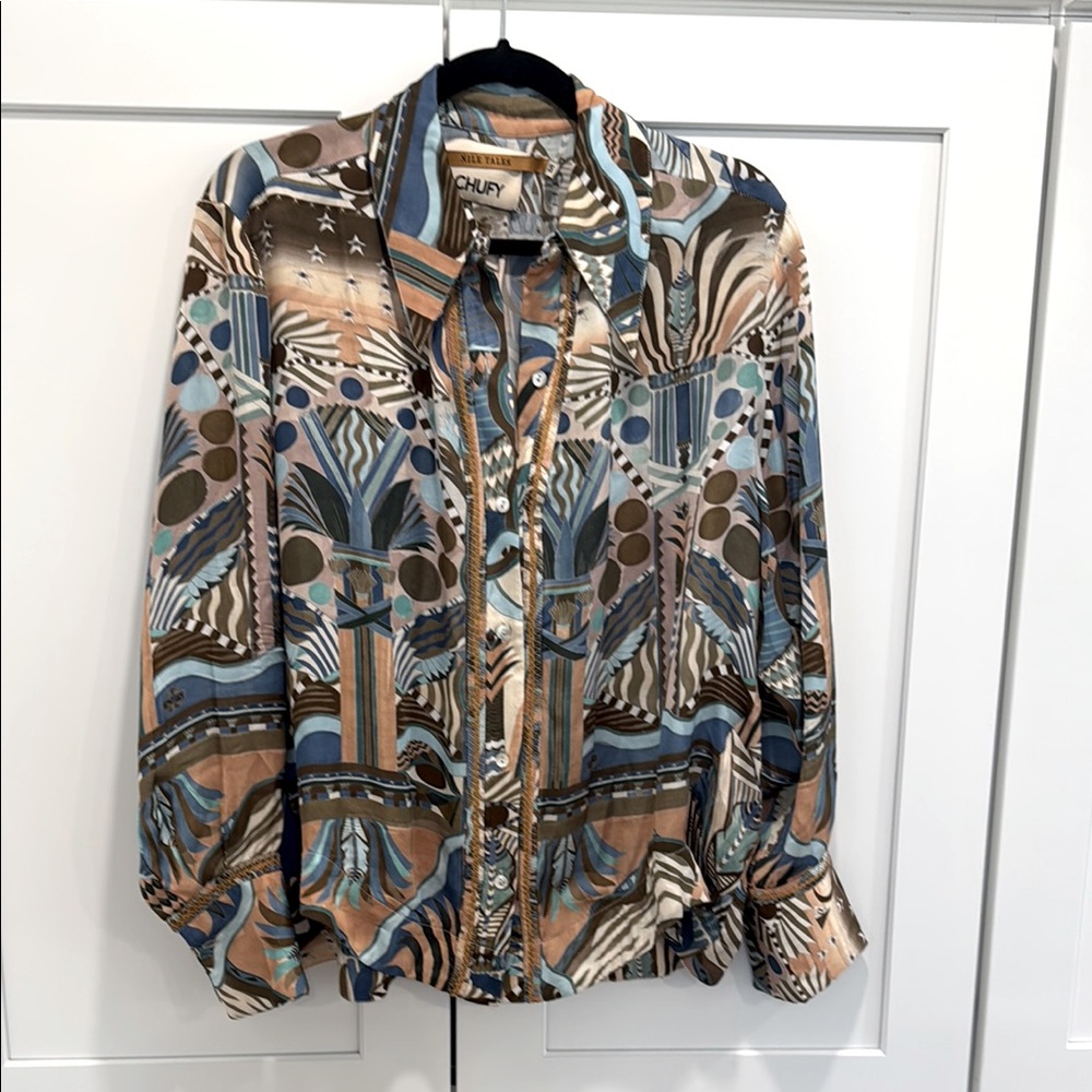 Chufy Blue Multi-Print Silk Button-Up Blouse
